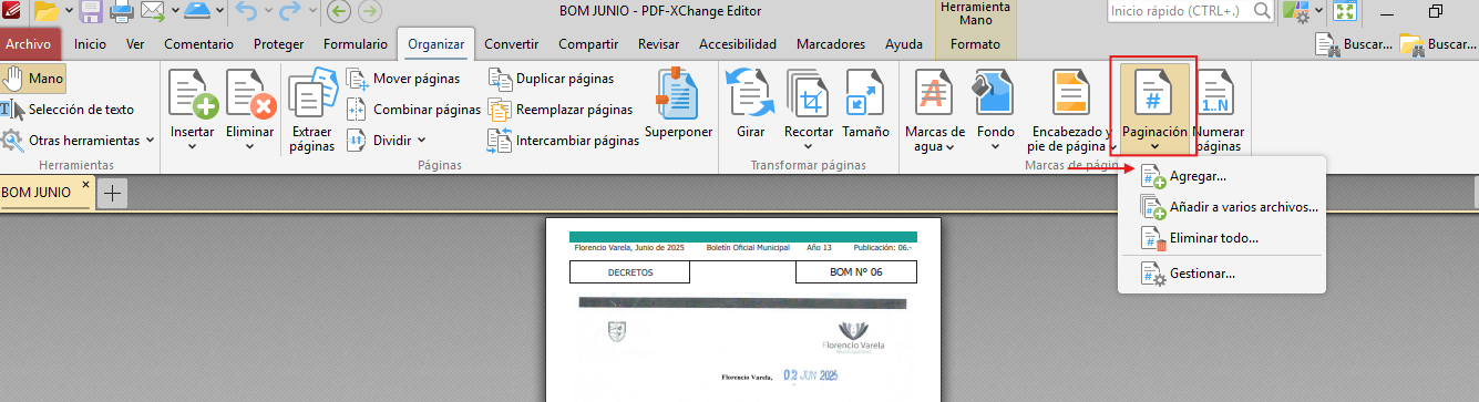 Menú de paginación en PDF-XChange Editor